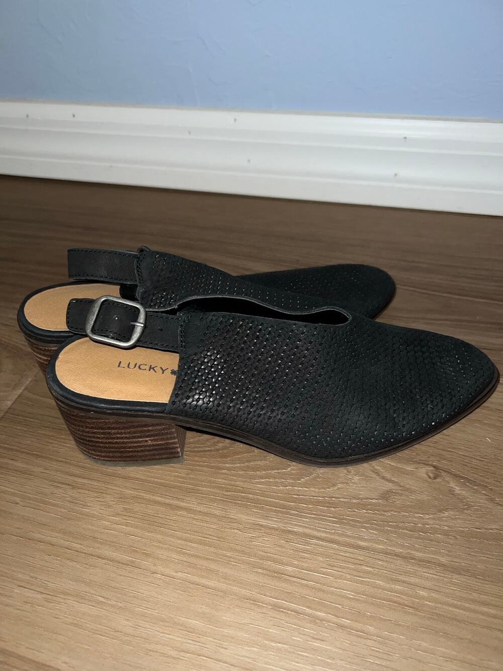 Lucky Brand Lideton Slingback Block Heel Shoes Perforated Leather size 9